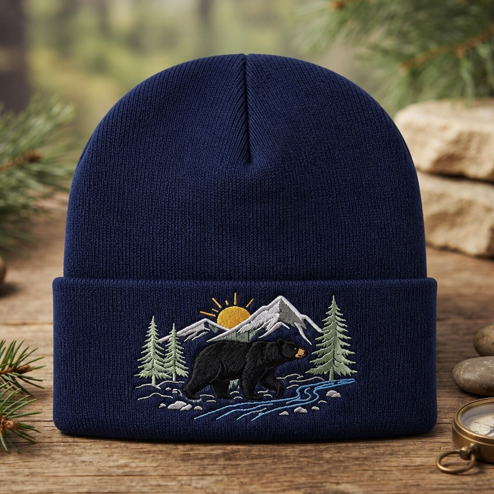 Personalized Black Bear Mountain Forest River Scene Outdoor Embroidered Beanie