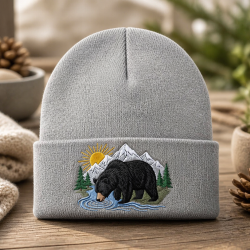 Black Bear Mountain River Wildlife Scene Embroidered Beanie