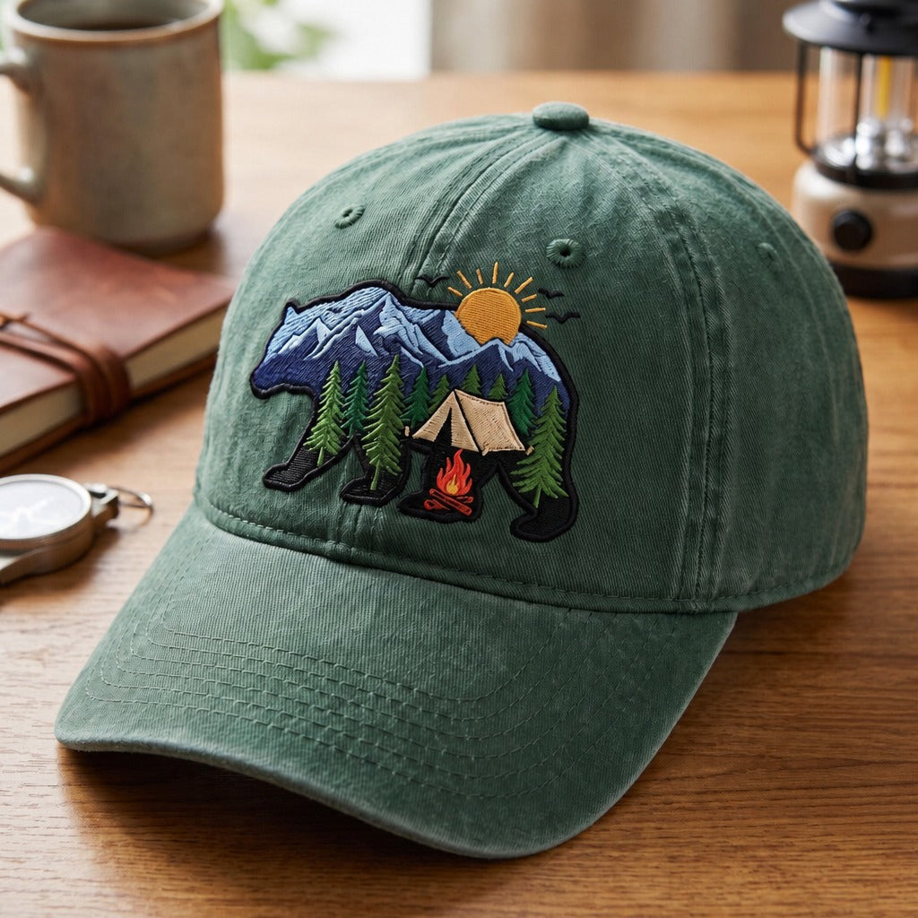 Personalized Bear Camping Mountain Tent Campfire Nature Embroidered Hat — Washed Hat