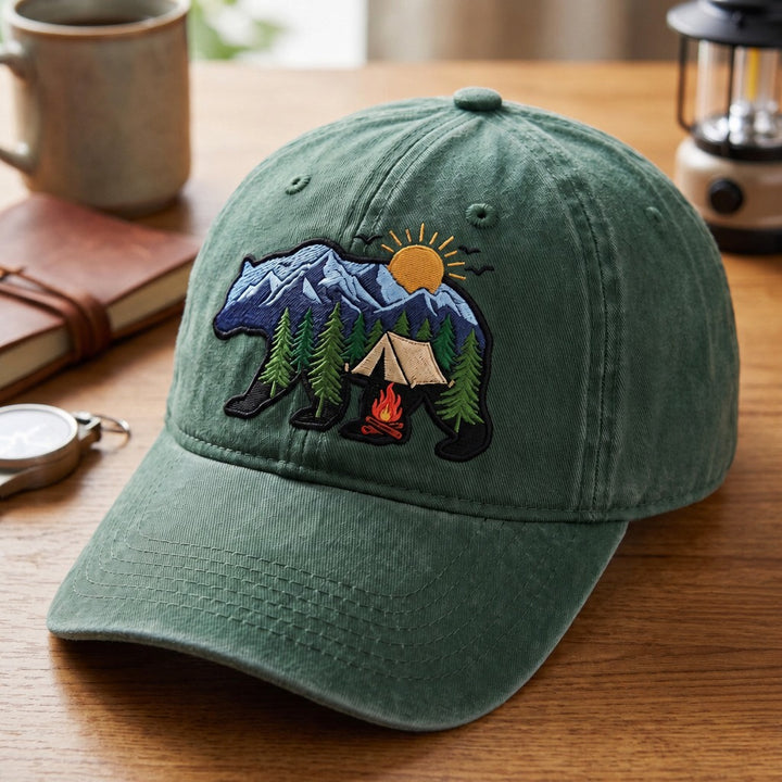 Personalized Bear Camping Mountain Tent Campfire Nature Embroidered Hat — Washed Hat