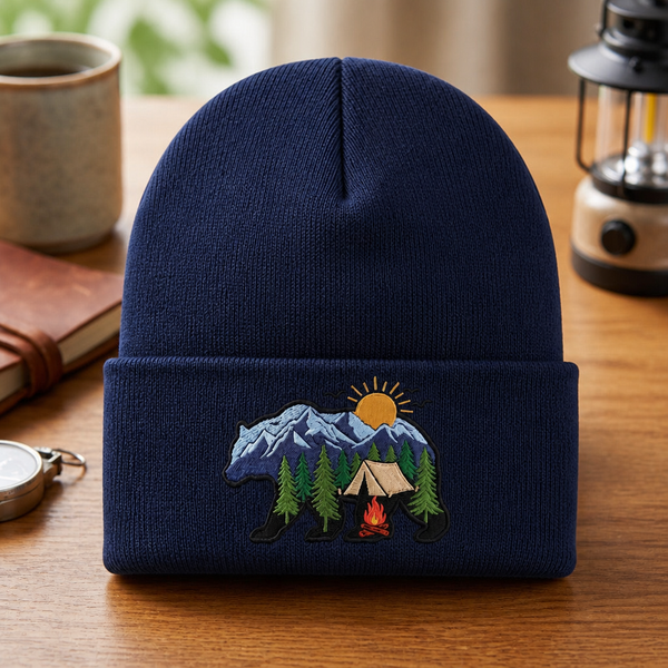 Personalized Bear Camping Mountain Tent Campfire Nature Embroidered Beanie
