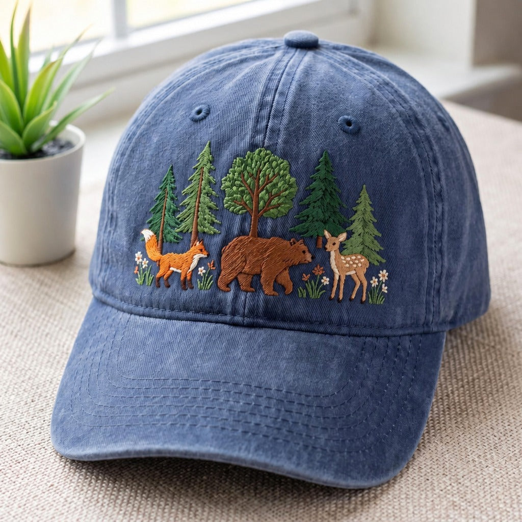 Personalized Woodland Forest Fox Bear Deer Trees Wildflowers Embroidered Hat — Washed Hat