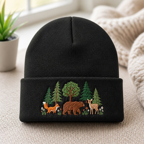 Personalized Woodland Forest Fox Bear Deer Trees Wildflowers Embroidered Beanie