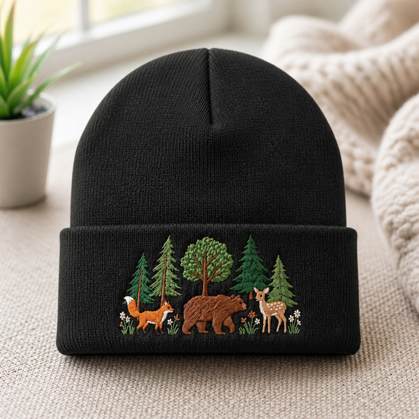 Personalized Woodland Forest Fox Bear Deer Trees Wildflowers Embroidered Beanie