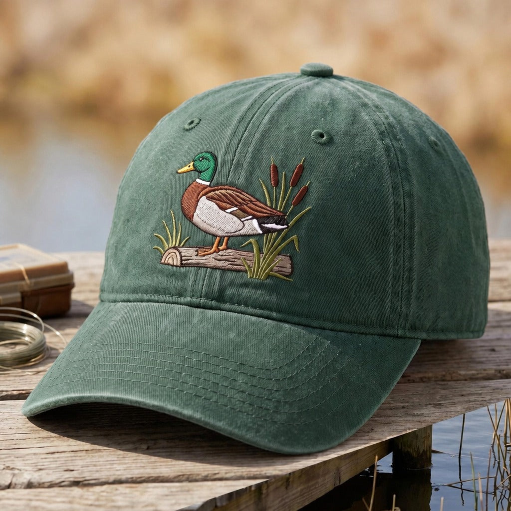Personalized Mallard Duck Cattail Marsh Log Embroidered Hat — Washed Hat