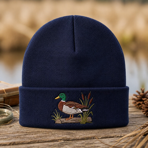 Personalized Mallard Duck Cattail Marsh Log Embroidered Beanie