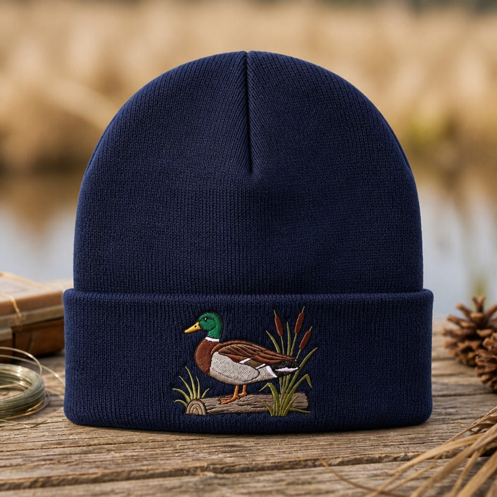 Personalized Mallard Duck Cattail Marsh Log Embroidered Beanie