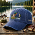 Personalized Fishing Mallard Duck Catching Fish Splash Funny Outdoor Embroidered Hat — Washed Hat