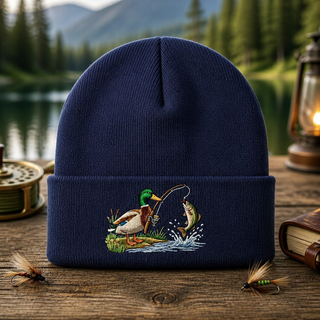 Personalized Fishing Mallard Duck Catching Fish Splash Funny Outdoor Embroidered Beanie
