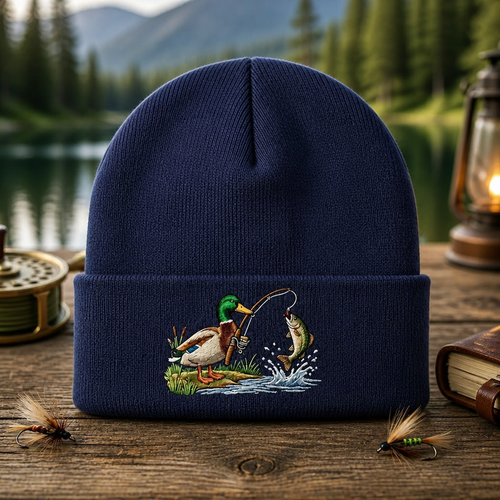 Personalized Fishing Mallard Duck Catching Fish Splash Funny Outdoor Embroidered Beanie