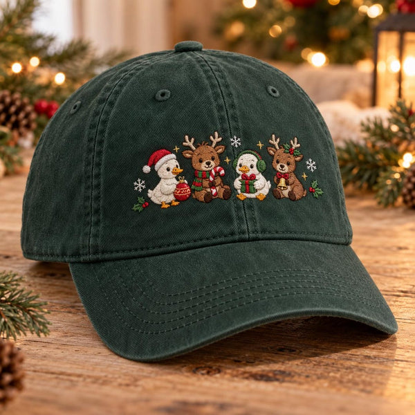 Christmas Duck Reindeer Cute Animals Holiday Embroidered Hat — Washed Hat
