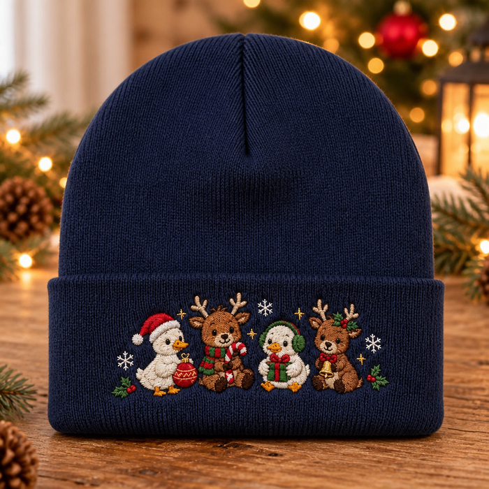 Christmas Duck Reindeer Cute Animals Holiday Embroidered Beanie