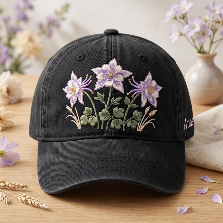 Personalized Columbine Floral Garden Wildflower Botanical Embroidered Hat — Washed Hat