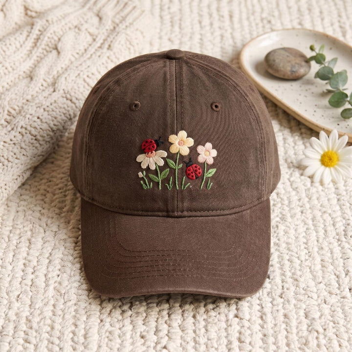 Personalized Ladybug Daisy Floral Garden Embroidered Hat — Washed Hat