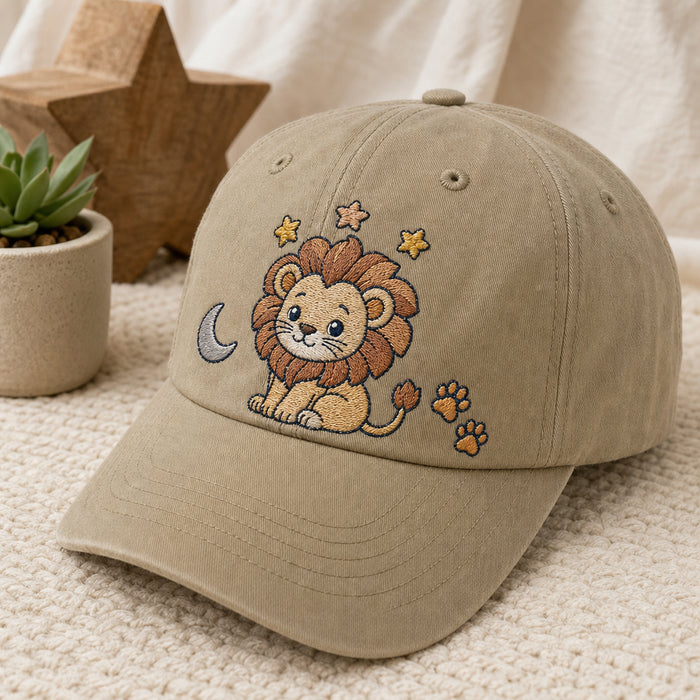 Cute Lion Cub Under Stars Washed Dad Embroidered Hat