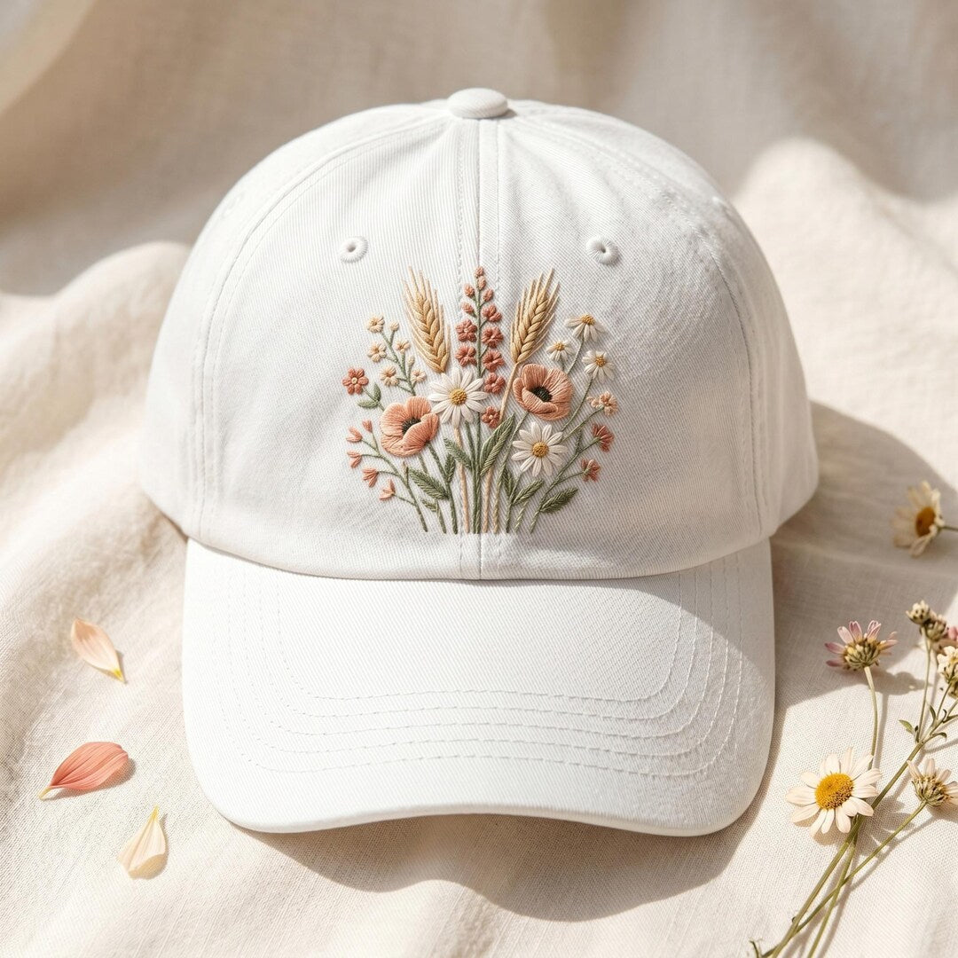 Wildflower Bouquet Poppy Daisy Wheat Botanical Floral Embroidered Hat — Baseball Cap