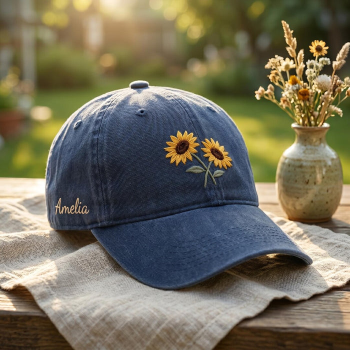 Personalized Name Sunflower Botanical Bloom Embroidered Hat