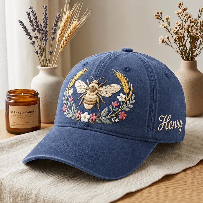 Personalized Bee Wildflower Wheat Wreath Cottagecore Botanical Custom Name Embroidered Hat