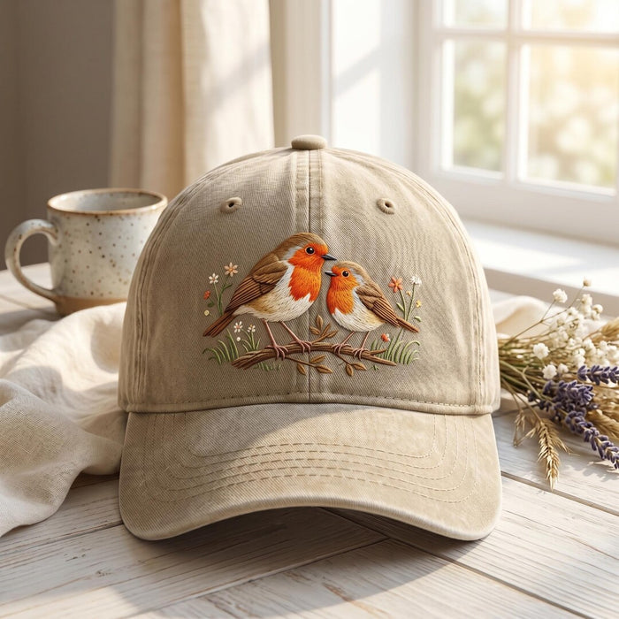 Personalized Robin Bird Couple Wildflowers Branch Nature Lover Embroidered Hat