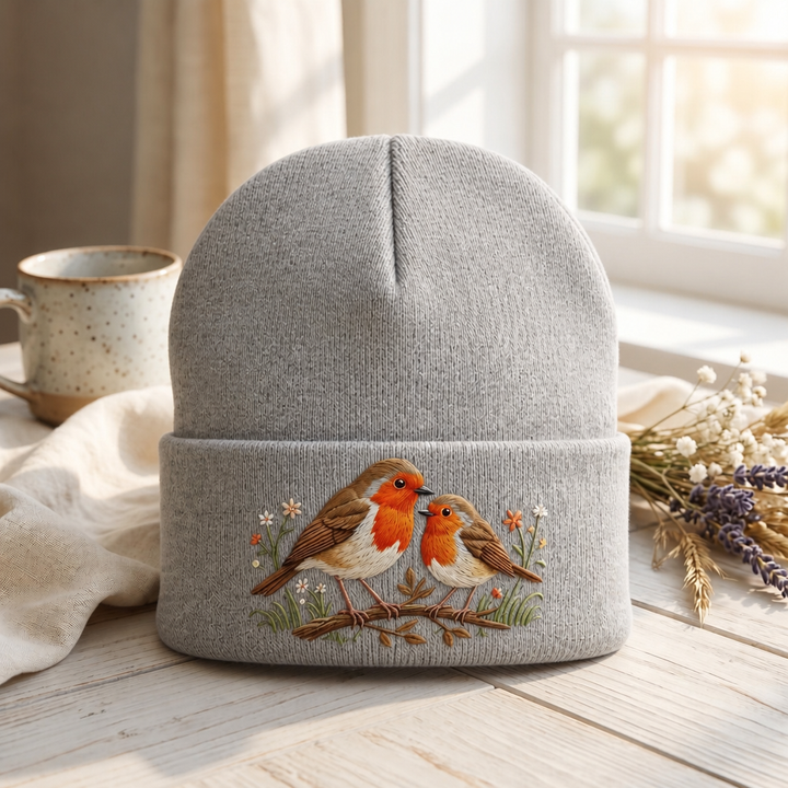 Personalized Robin Bird Couple Wildflowers Branch Nature Lover Embroidered Beanie