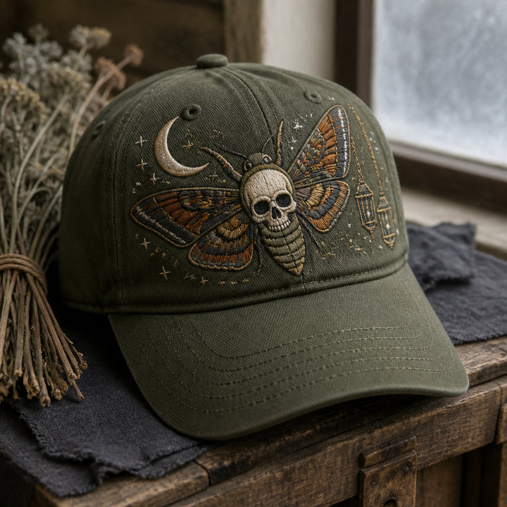 Death's Head Moth Moon Night Gothic Dark Nature Embroidered Hat — Washed Hat