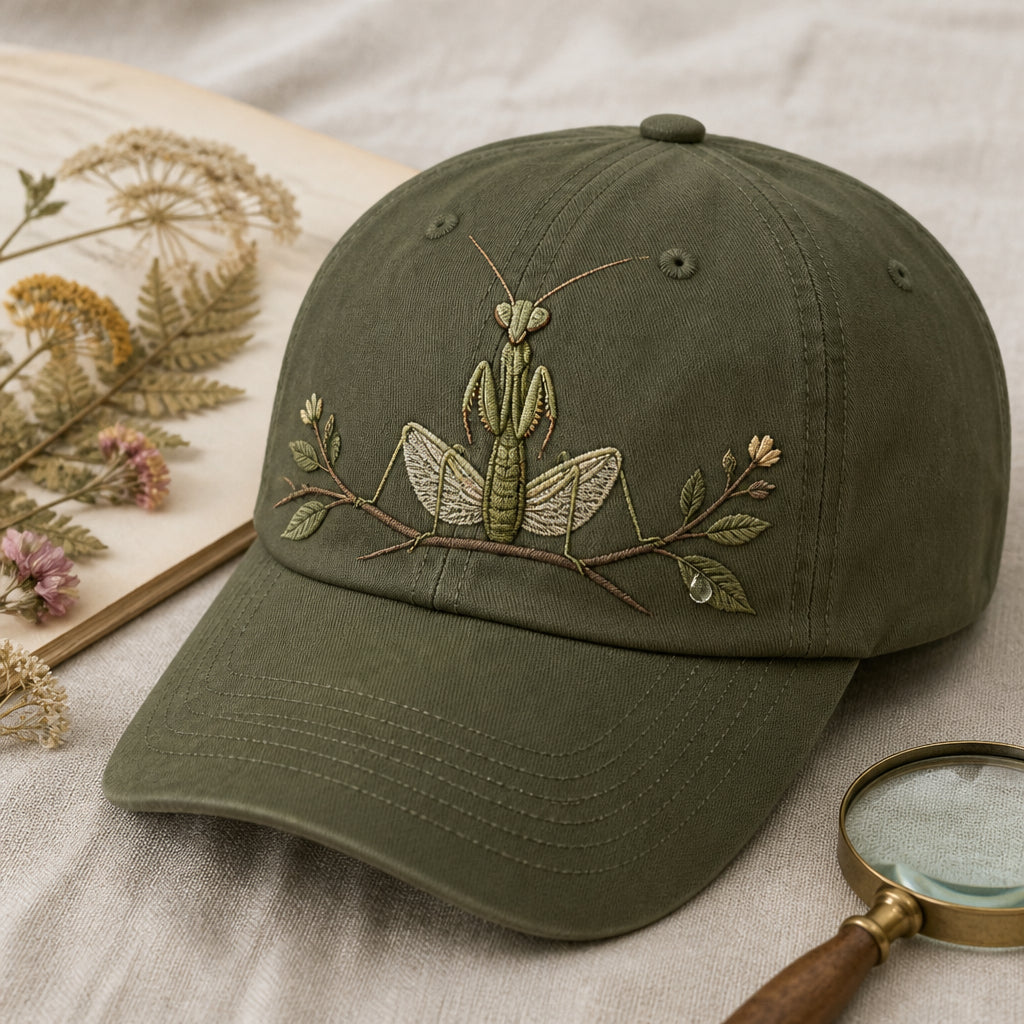 Praying Mantis On Branch Botanical Nature Insect Embroidered Hat — Washed Hat