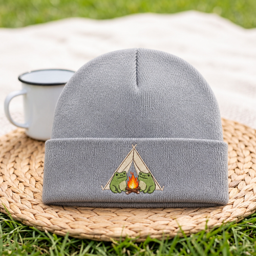 Camping Frogs Campfire Tent Cute Outdoor Embroidered Beanie