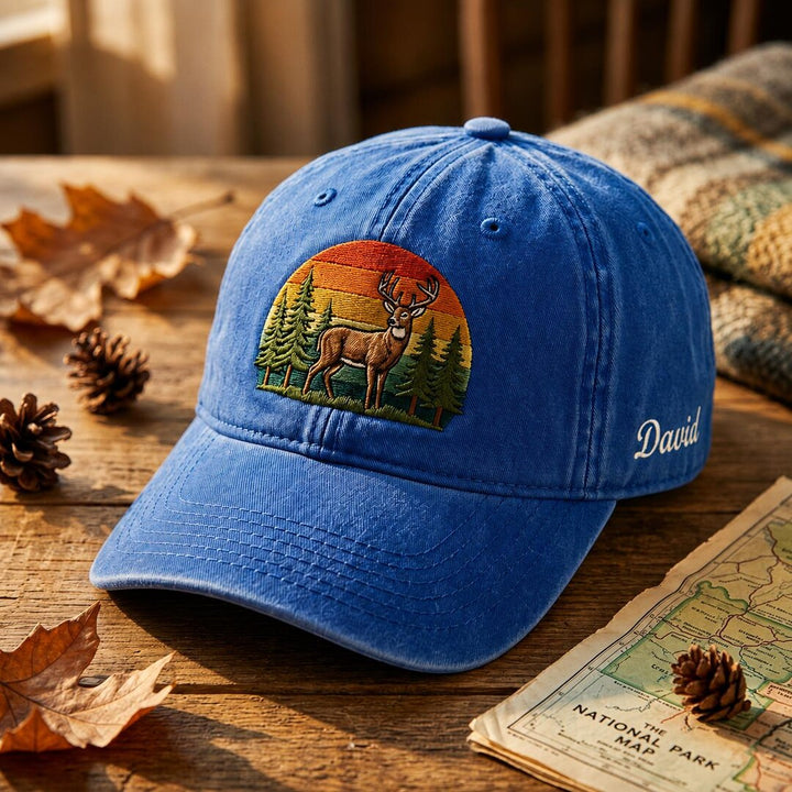 Personalized Deer Sunset Forest Retro Outdoor Embroidered Hat — Washed Hat