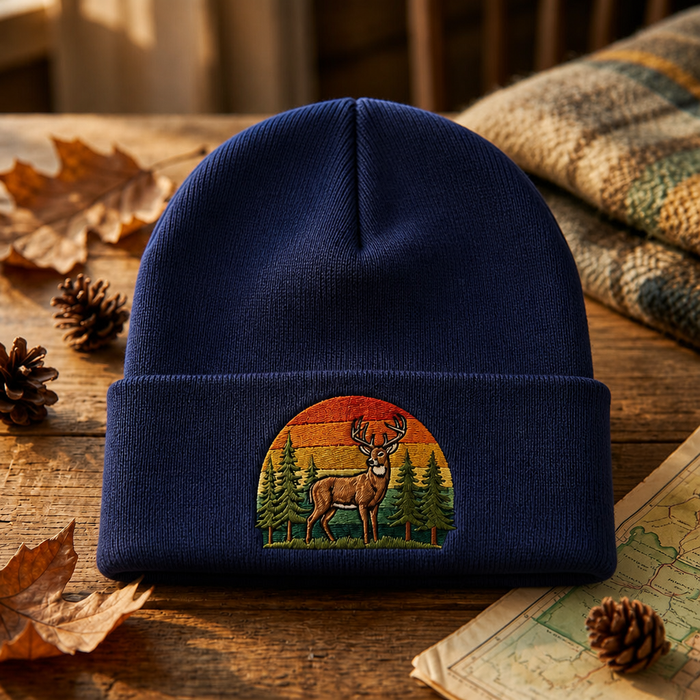 Personalized Deer Sunset Forest Retro Outdoor Embroidered Beanie