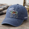 Personalized Winter Moose Log Cabin Mountain Snow Pine Trees Embroidered Hat — Washed Hat