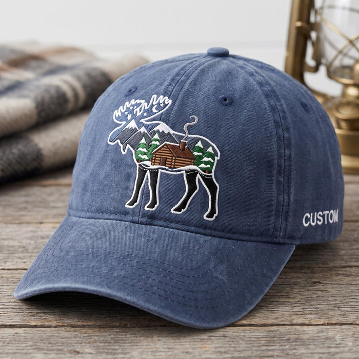 Personalized Winter Moose Log Cabin Mountain Snow Pine Trees Embroidered Hat
