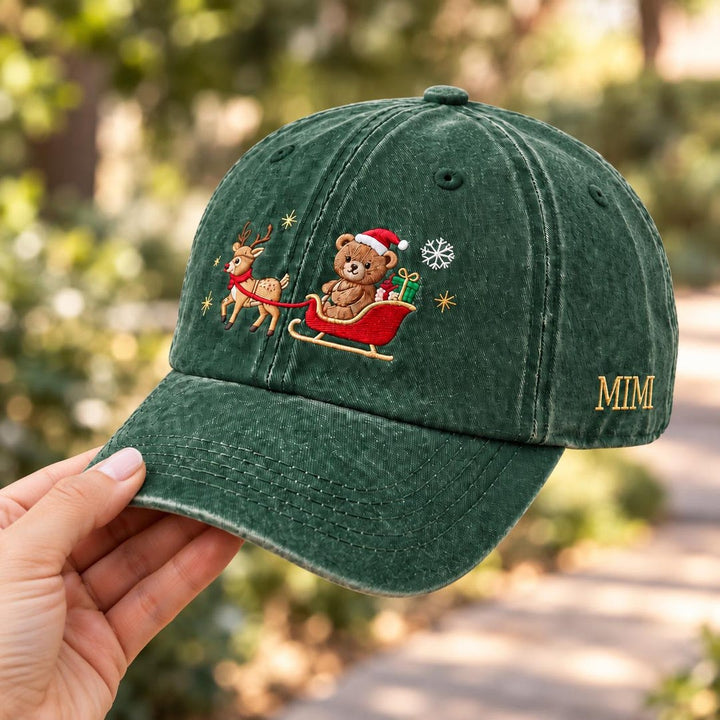 Personalized Christmas Teddy Bear Reindeer Sleigh Custom Name Embroidered Hat — Washed Hat