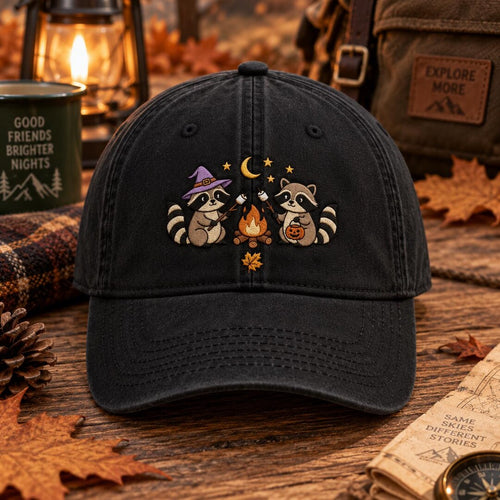 Halloween Raccoons Campfire Marshmallow Witch Hat Pumpkin Spooky Season Embroidered Hat — Washed Hat
