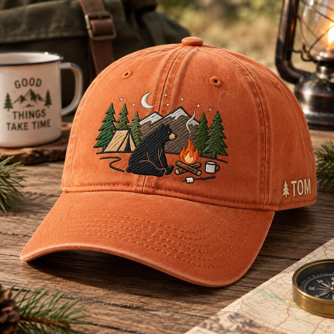 Personalized Black Bear Campfire Pine Trees Mountain Tent Night Sky Camping Embroidered Hat — Washed Hat
