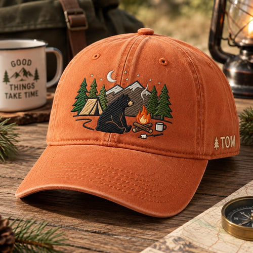 Personalized Black Bear Campfire Pine Trees Mountain Tent Night Sky Camping Embroidered Hat — Washed Hat