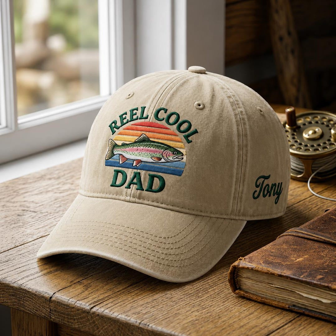 Personalized Reel Cool Dad Rainbow Trout Fishing Sunset Embroidered Hat — Washed Hat