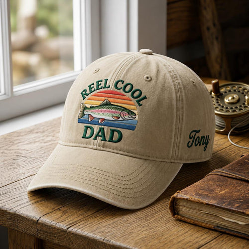 Personalized Reel Cool Dad Rainbow Trout Fishing Sunset Embroidered Hat — Washed Hat