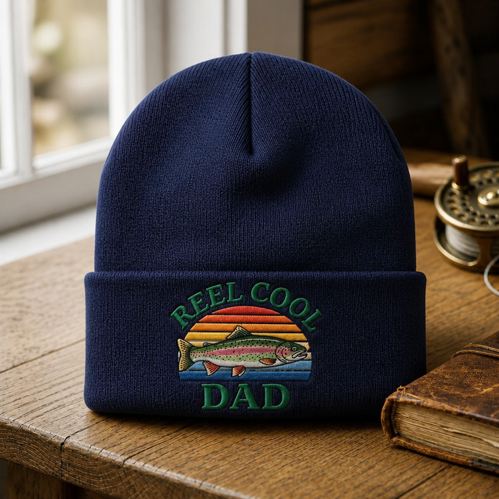 Personalized Reel Cool Dad Rainbow Trout Fishing Sunset Embroidered Beanie