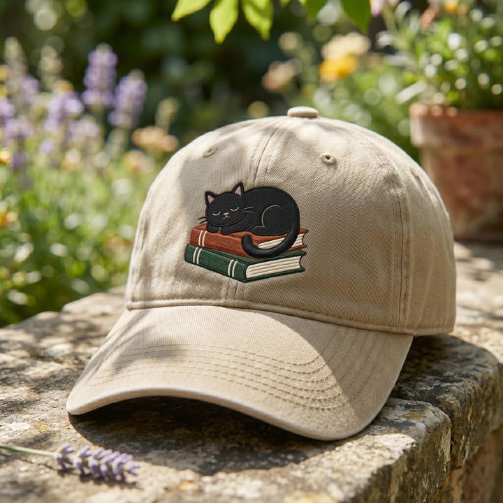 Sleeping Black Cat Stack of Books Bookworm Librarian Embroidered Hat — Washed Hat
