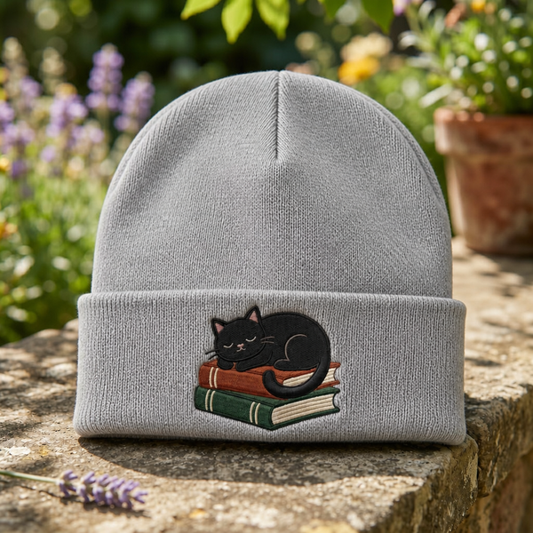 Sleeping Black Cat Stack of Books Bookworm Librarian Embroidered Beanie
