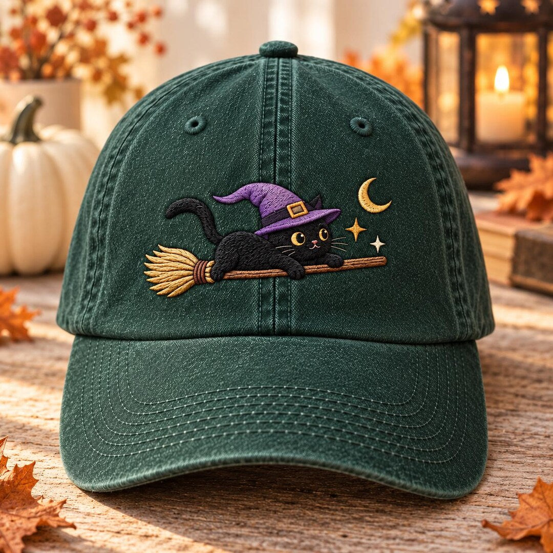 Halloween Black Cat Witch Hat Riding Broom Crescent Moon Stars Embroidered Hat — Washed Hat