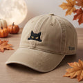 Personalized Halloween Peeking Black Cat Custom Name Embroidered Hat — Washed Hat