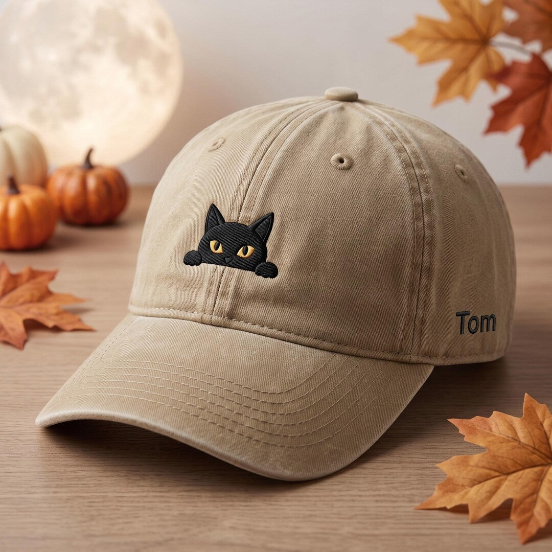 Personalized Halloween Peeking Black Cat Custom Name Embroidered Hat — Washed Hat