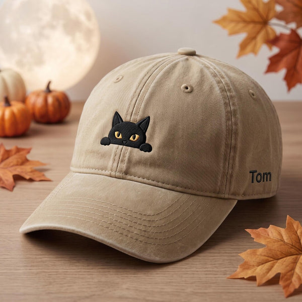 Personalized Halloween Peeking Black Cat Custom Name Embroidered Hat — Washed Hat