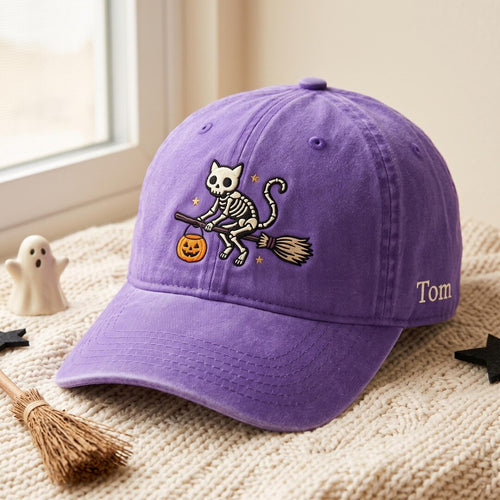 Personalized Halloween Skeleton Cat Riding Broomstick Jack-o-Lantern Embroidered Hat — Washed Hat
