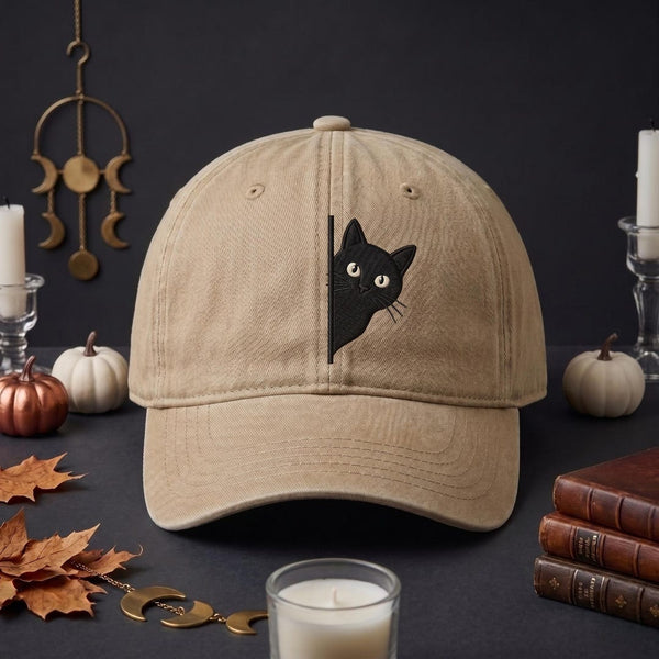 Personalized Peeking Black Cat Halloween Embroidered Hat — Washed Hat
