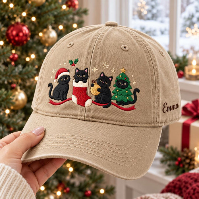 Personalized Christmas Black Cat Santa Hat Stocking Ornament Tree Embroidered Hat