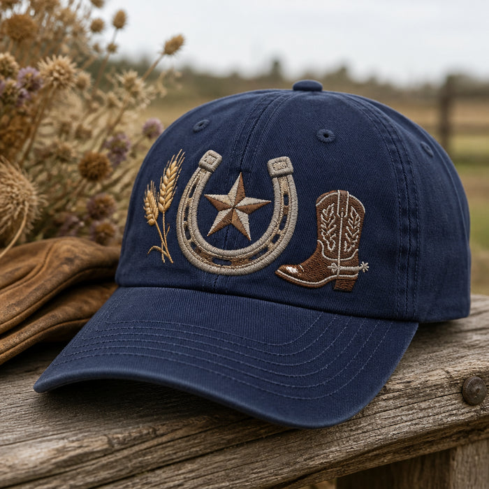 Western Ranch Single Horseshoe Star Boot Washed Dad Embroidered Hat