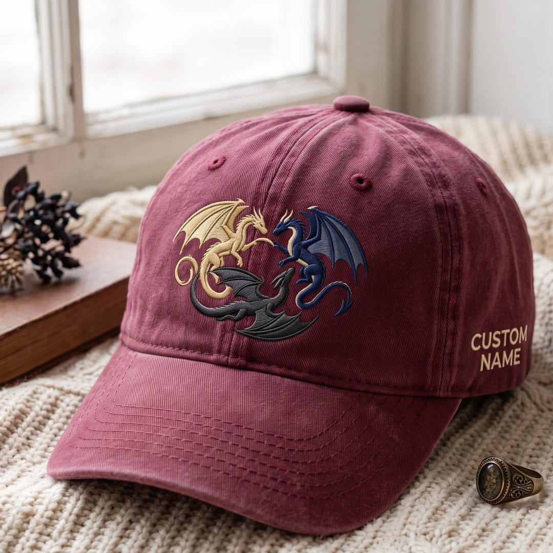 Personalized Three Dragons Fantasy Mythical Creature Embroidered Hat — Washed Hat