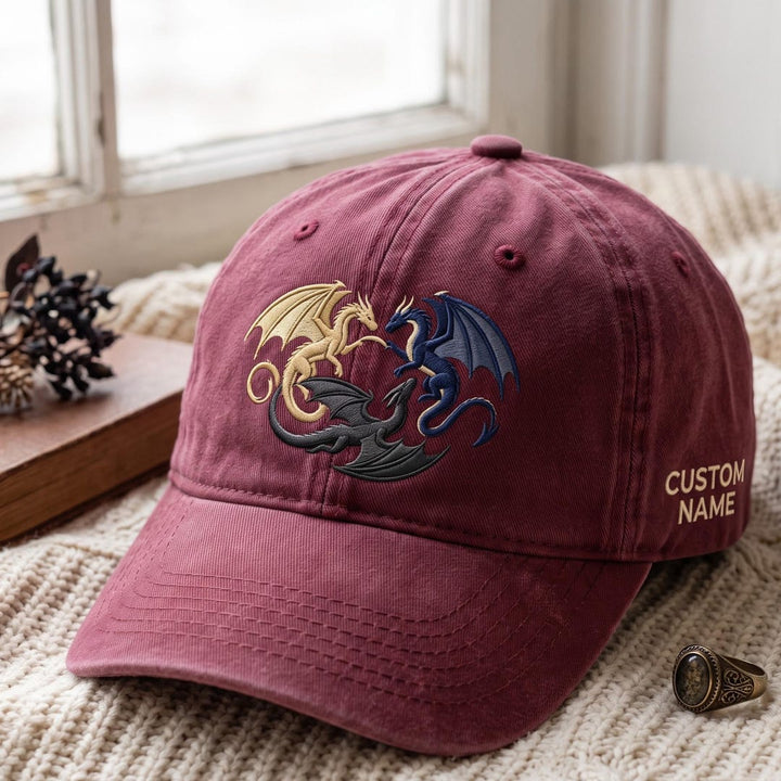 Personalized Three Dragons Fantasy Mythical Creature Embroidered Hat — Washed Hat